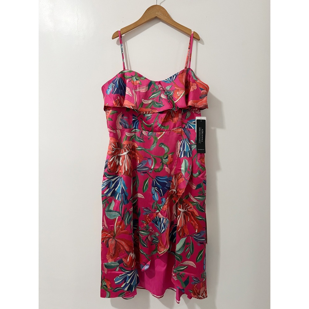 Adrianna Papell Pink Floral Sateen Midi Dress Ruffle Straps Party Cocktail